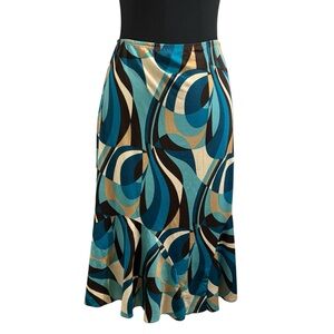 Vintage Y2K Retro Abstract Psychedelic Boho Blue and Brown Midi Skirt Size L